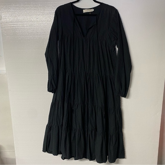 Natalie Martin Dresses & Skirts - NATALIE MARTIN BLACK Small COTTON LONG SLEEVE TIERED MAXI DRESS Tassel V Neck